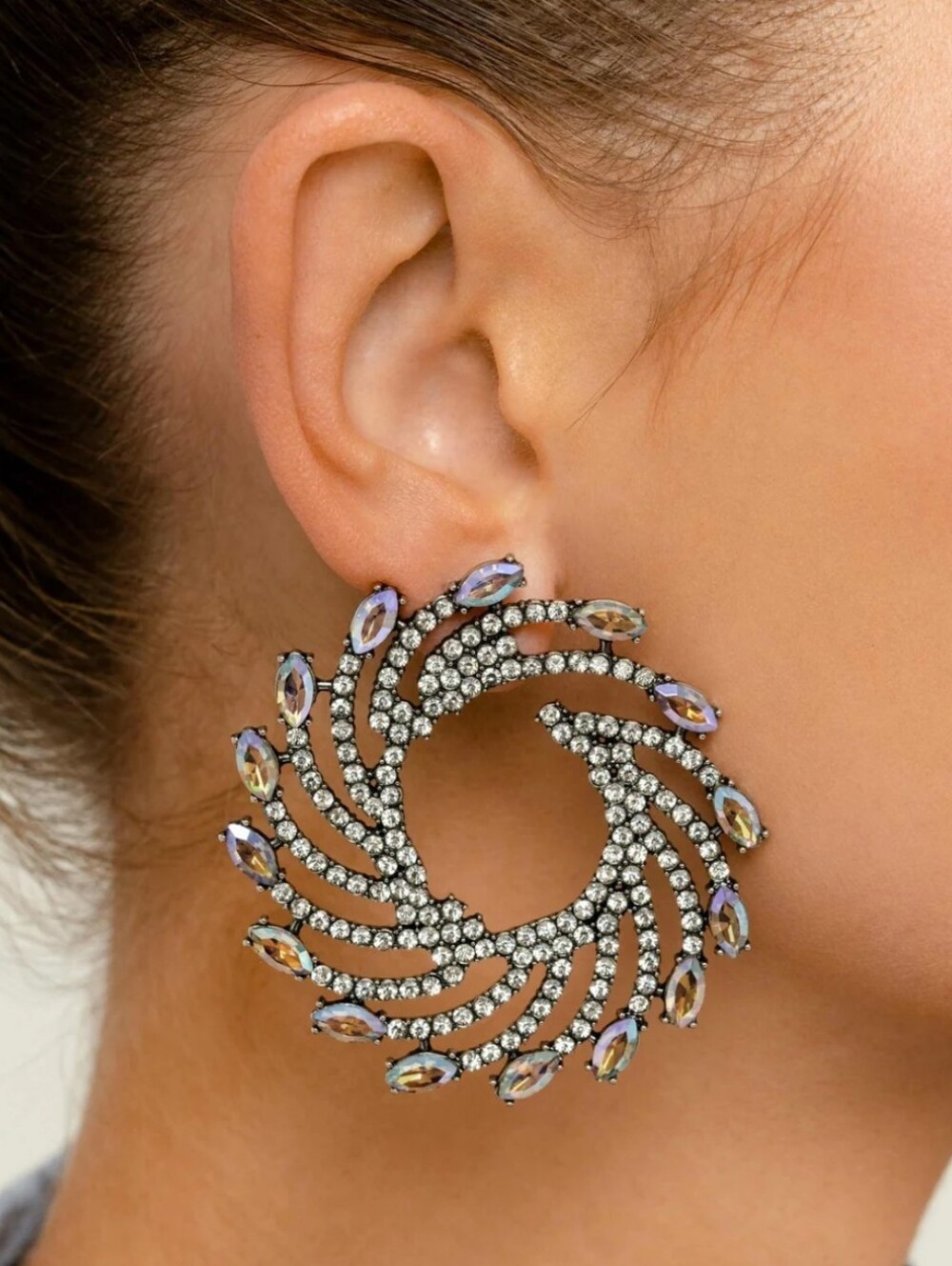 Iridescent Crystal Swirl Statement Earrings - Silver